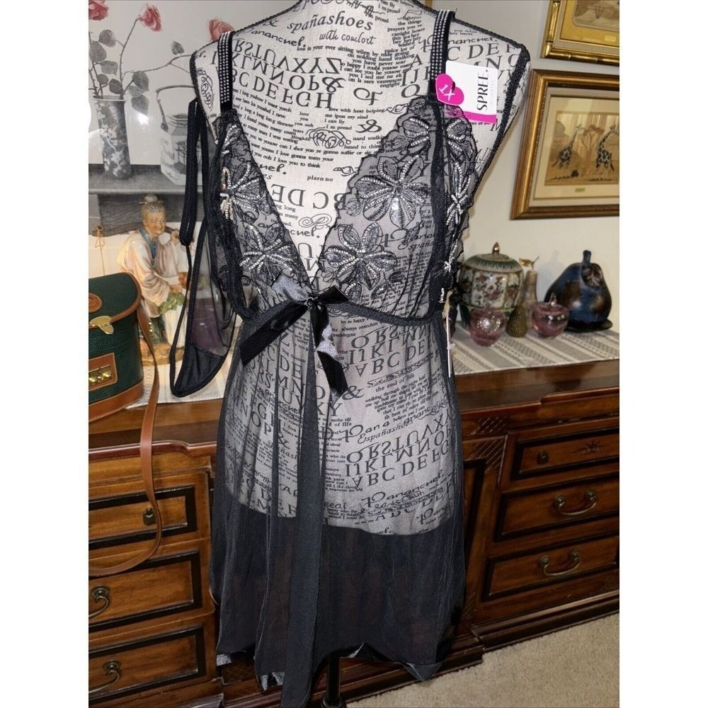 Sequined Spree Intimates Black Babydoll & Tong Lingerie Set Women's Size 1X NWT